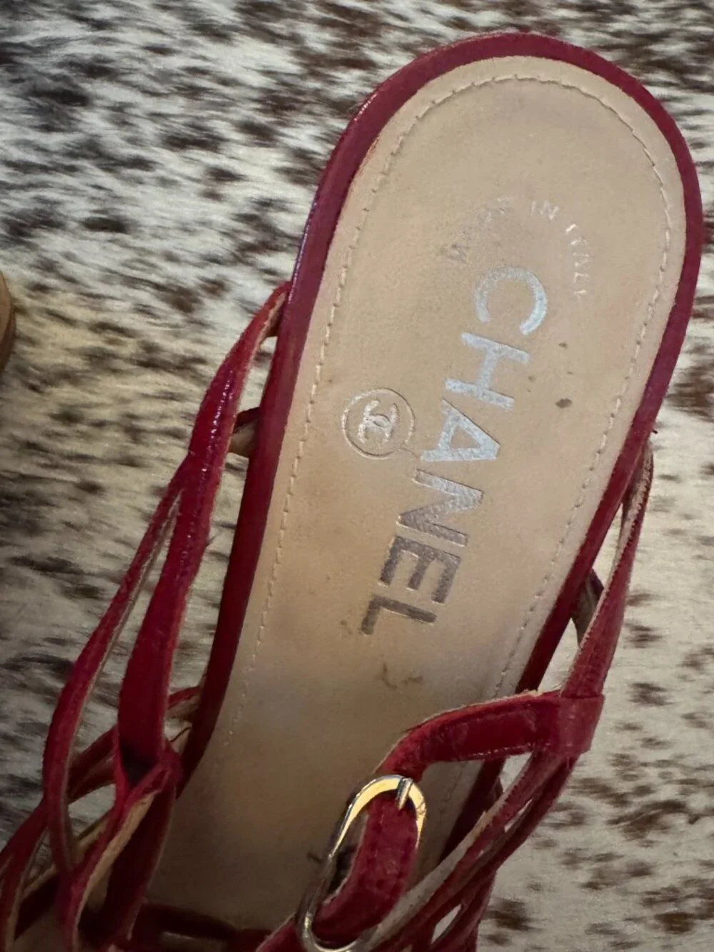 Chanel Red Patent Leather Cork Platform Wedge Gladiator Sandals 37